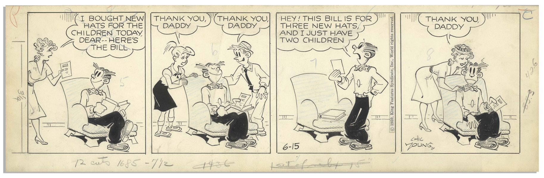 Chic Young Hand-Drawn ''Blondie'' Comic Strip From 1959 Titled ''Three Heads Are Better Than Two!''